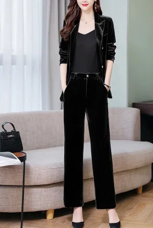 Velvet Deep V-neck Blazer & Straight-Leg Pants Suits