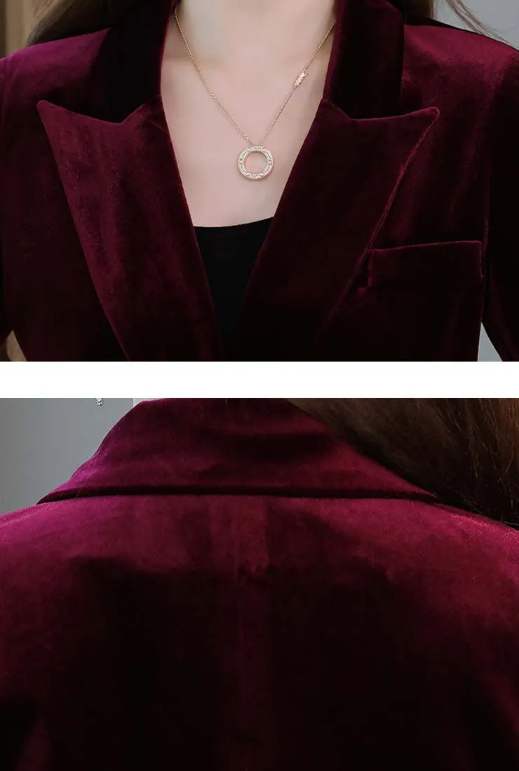 Velvet Deep V-neck Blazer & Straight-Leg Pants Suits