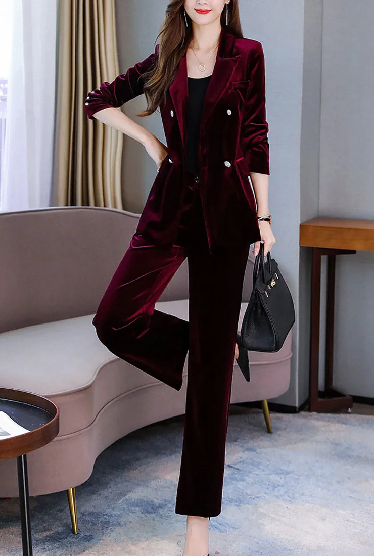 Velvet Deep V-neck Blazer & Straight-Leg Pants Suits