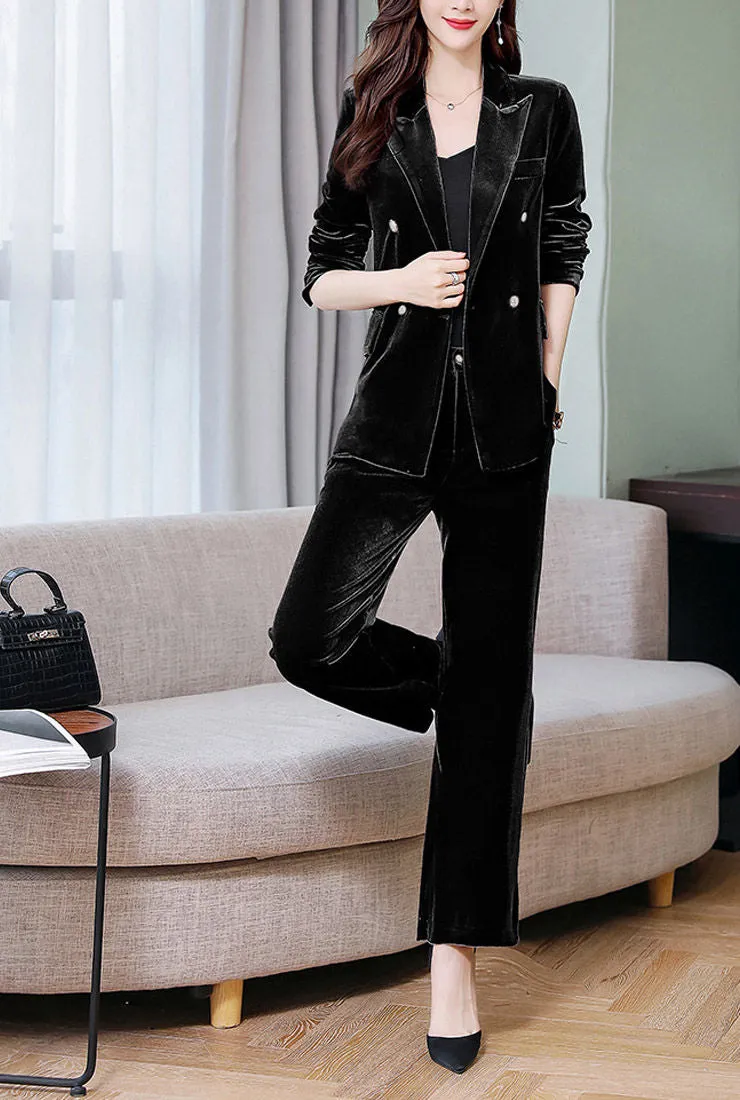 Velvet Deep V-neck Blazer & Straight-Leg Pants Suits