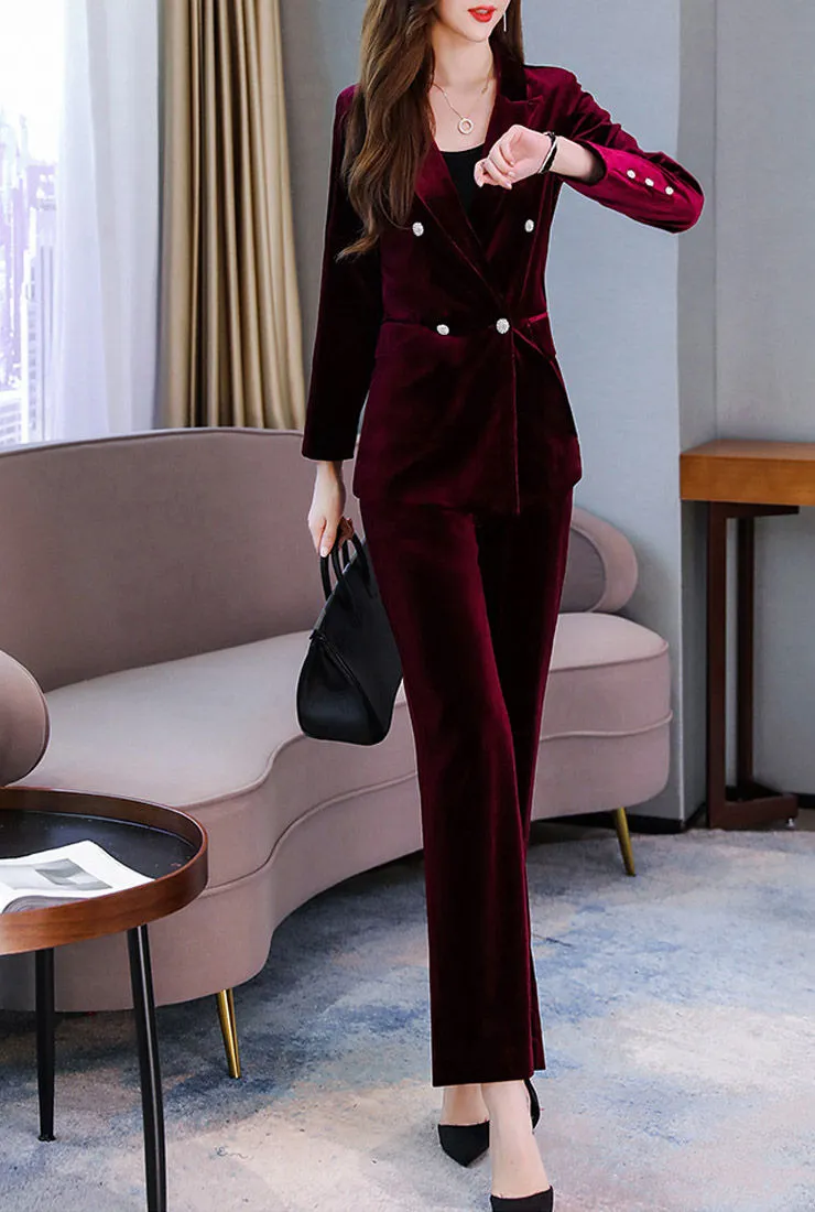 Velvet Deep V-neck Blazer & Straight-Leg Pants Suits