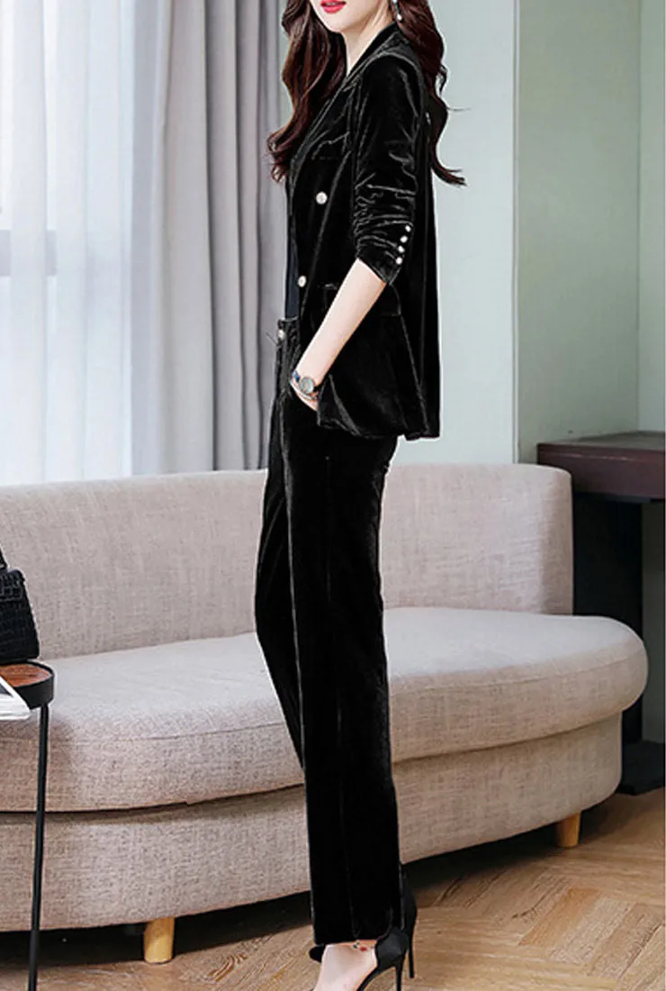 Velvet Deep V-neck Blazer & Straight-Leg Pants Suits