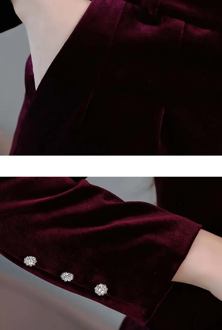 Velvet Deep V-neck Blazer & Straight-Leg Pants Suits