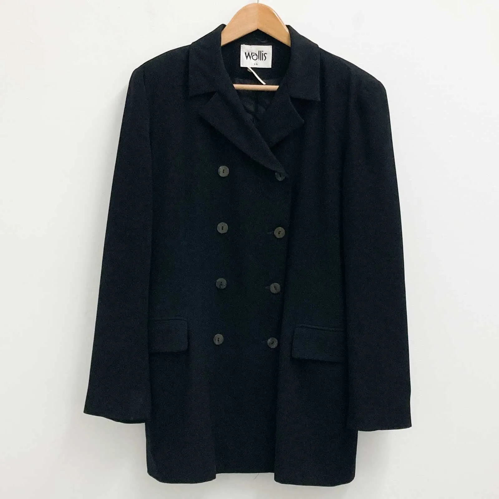 Wallis Jacket UK 14 Black Vintage 90s Double Breasted