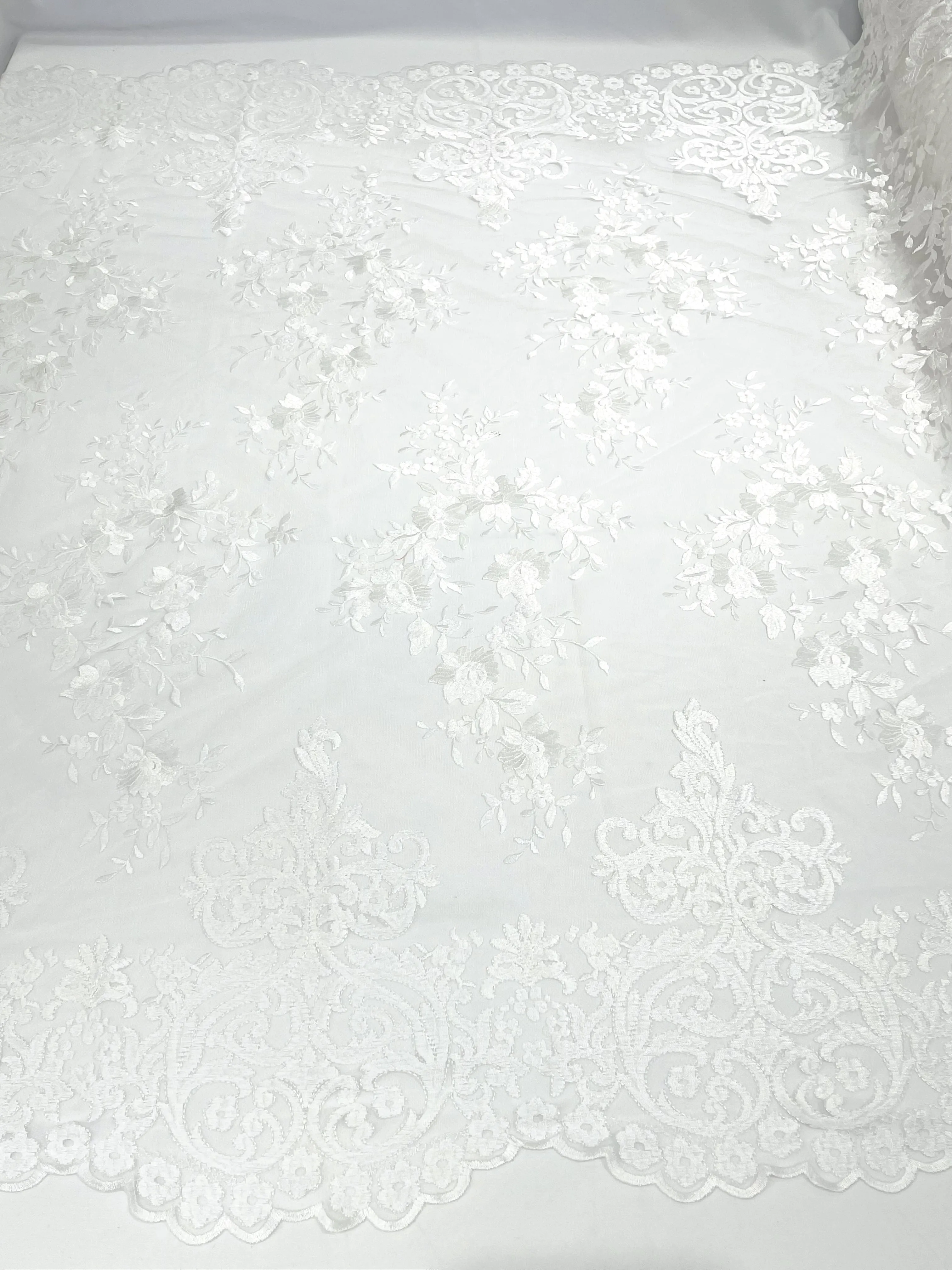 White Bridal Lace - By The Yard - Floral Damask Design Embroidered on Mesh Lace Fabric