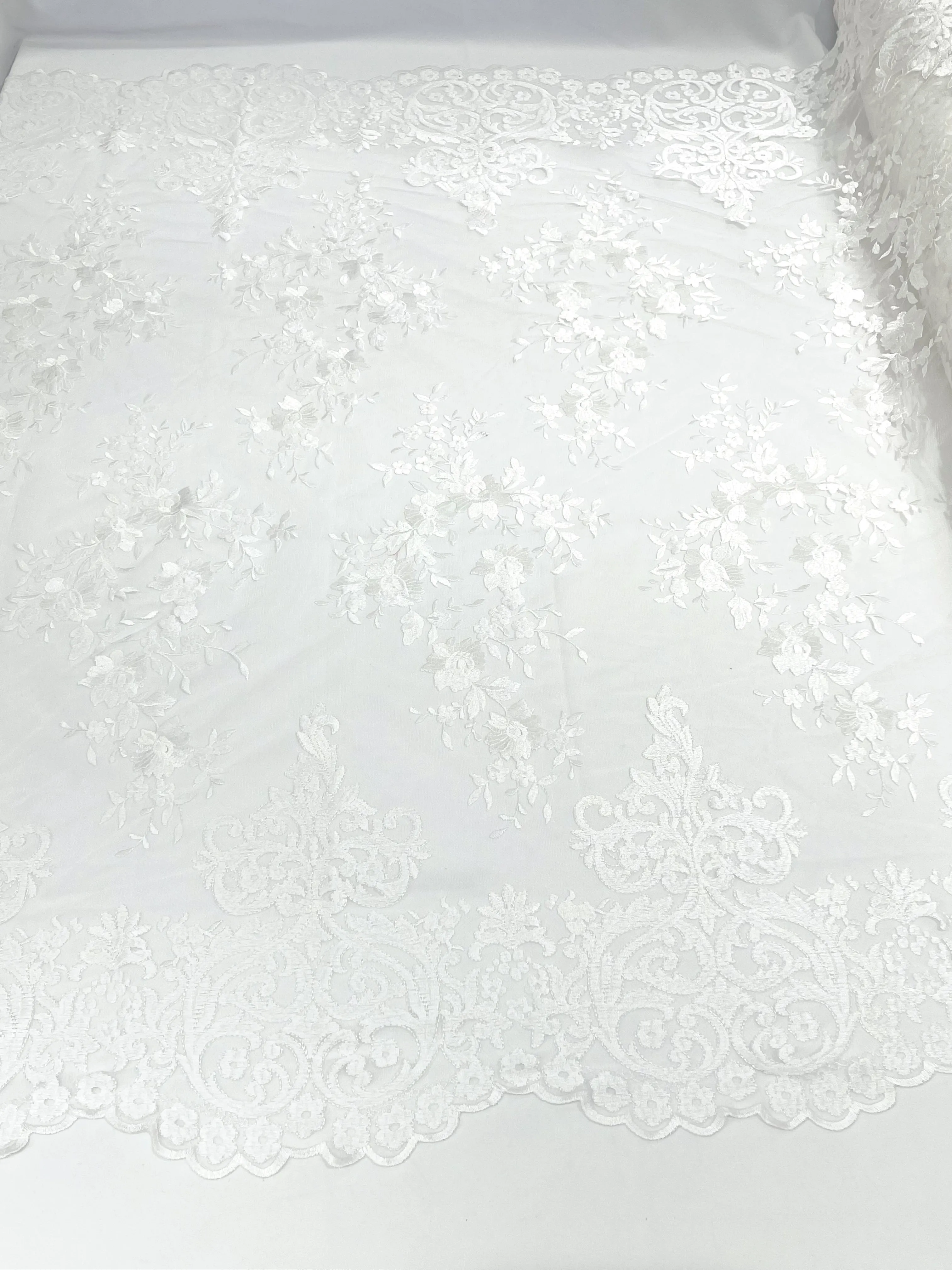 White Bridal Lace - By The Yard - Floral Damask Design Embroidered on Mesh Lace Fabric
