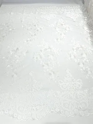 White Bridal Lace - By The Yard - Floral Damask Design Embroidered on Mesh Lace Fabric