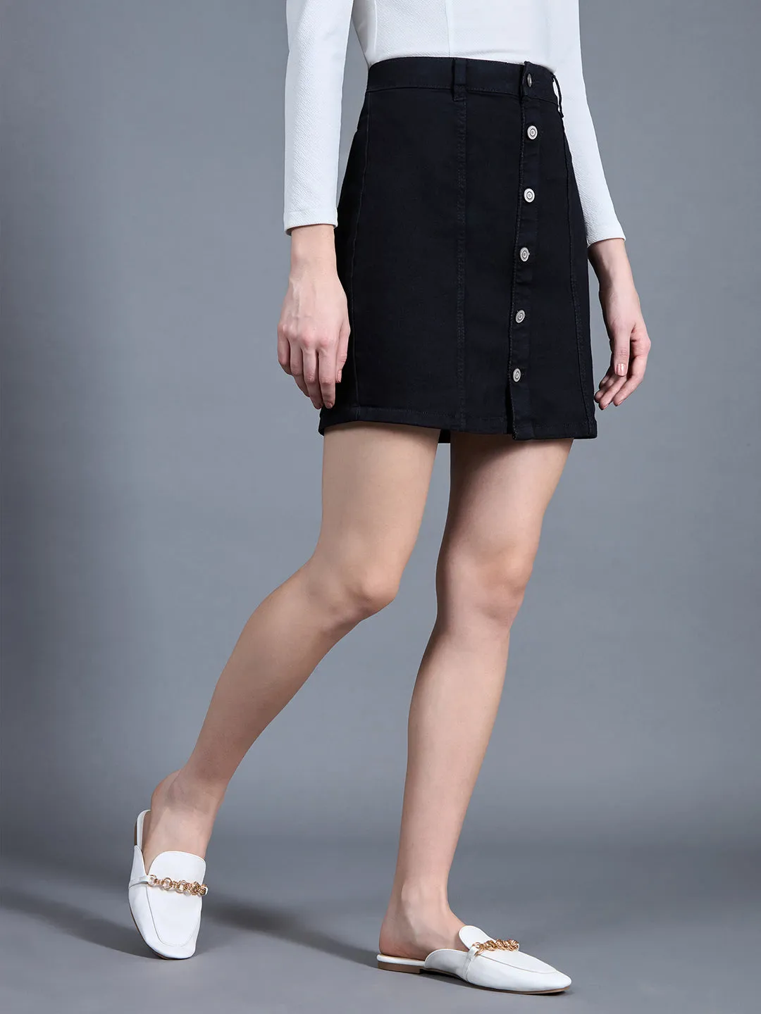Women's Black Stretchable Solid A-line Mini Denim Skirt
